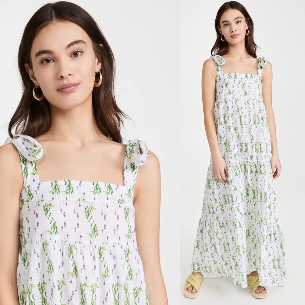 Playa Lucila white lavender floral tiered boho floral maxi dress size medium